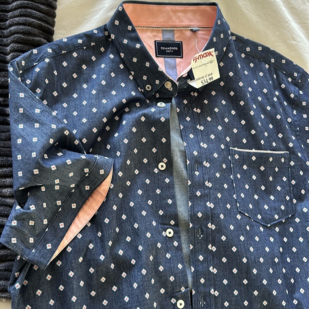 7 Diamonds blue and pink short sleeve dress shirt